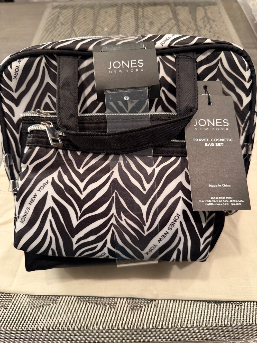Jones New York Black and White Zebra Print Travel Cosmetic Bag Set